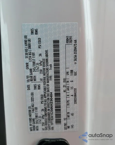 2022 Ford F150 Super Cab из США, поврежденный, VIN 1FTEX1C54NKE90484